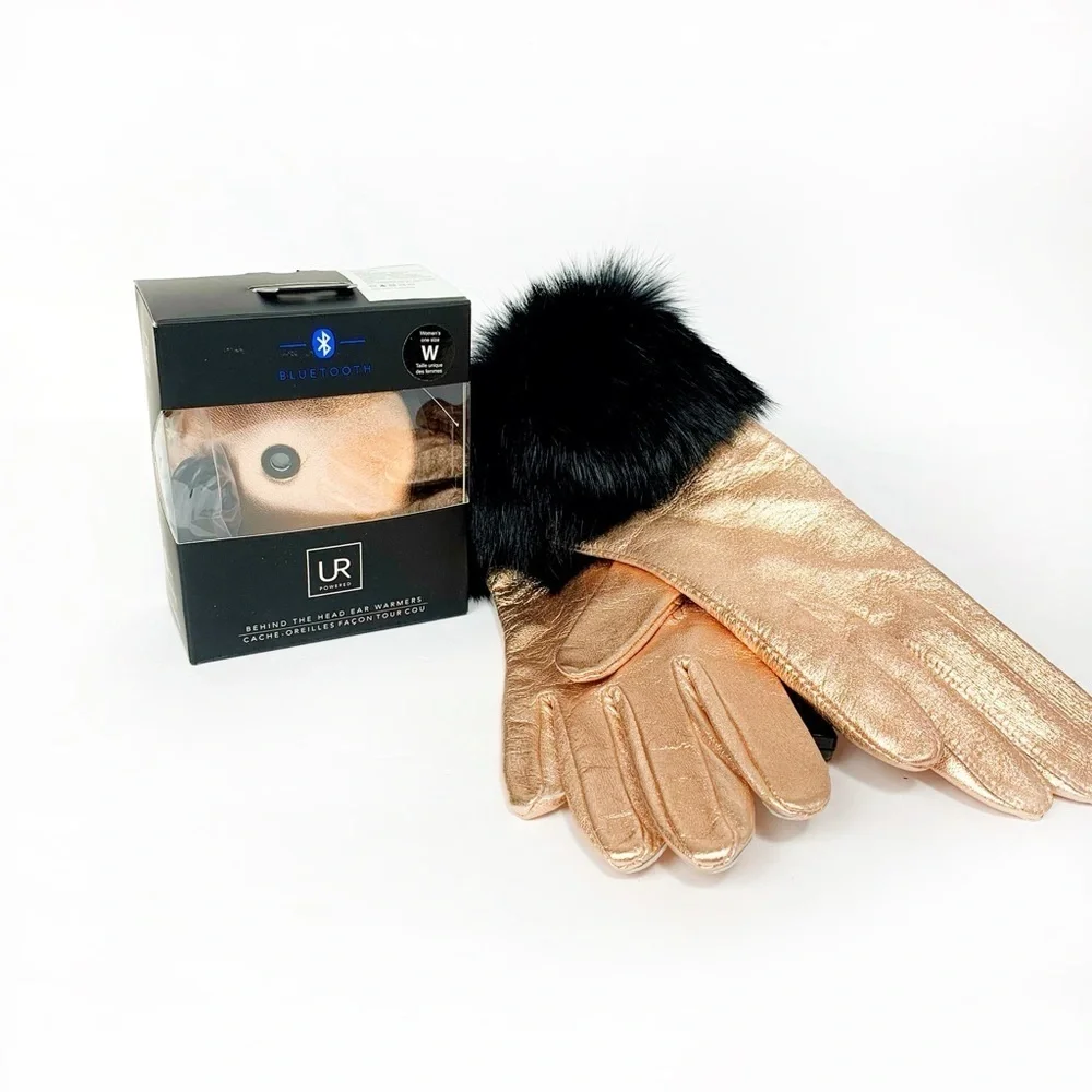 NWT UR Powered Rose Gold Leather Bluetooth Ear Warmers + Fur Cuff Gloves Set